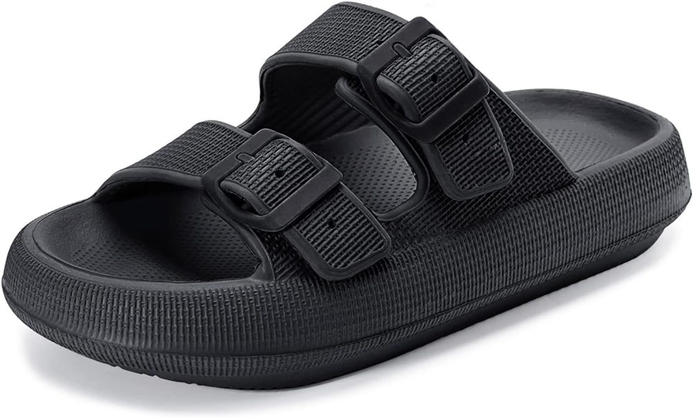 Sandals for Women and Men - Pillow Slippers - Double Buckle Adjustable Slides -  Flat Sandals